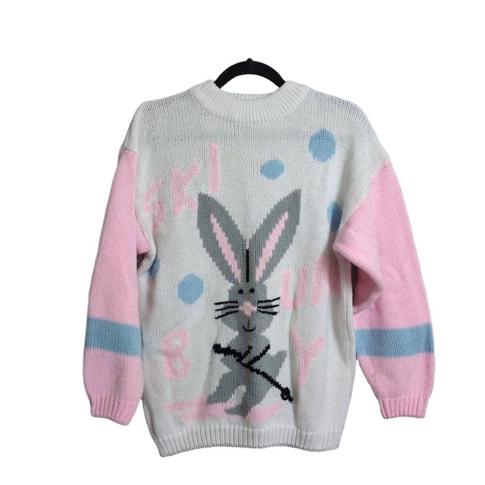 Ski Bunny Sweater White Pink Blue Graphic Crew Neck VTG Knit Sweater FLAW